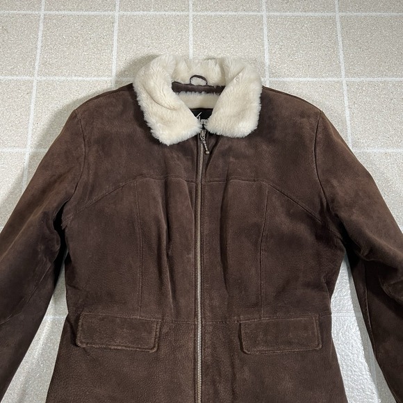 Vintage Y2K Women's Wilsons Leather Maxima Brown Suede Faux Fur Trim Jacket Sz L - Picture 2 of 10